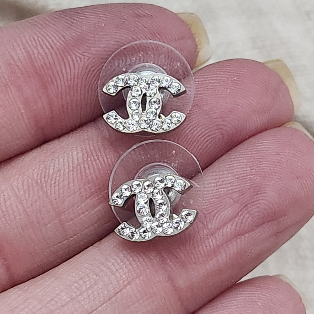 CHANEL Classic CC mini Silver Crystal Earrings